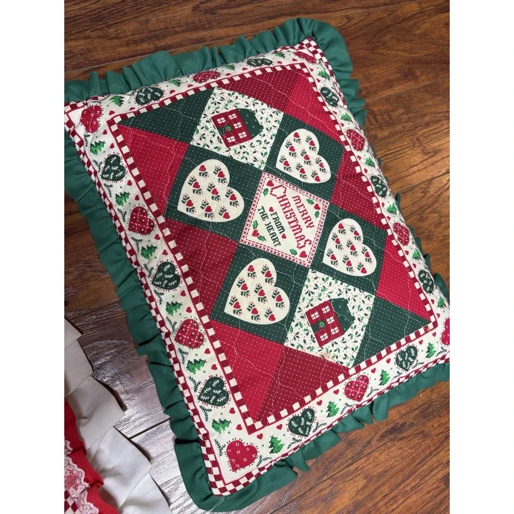 Set Of 2 Handmade Country Christmas Throw Pillow Ruffle Grannycore Cottagecore